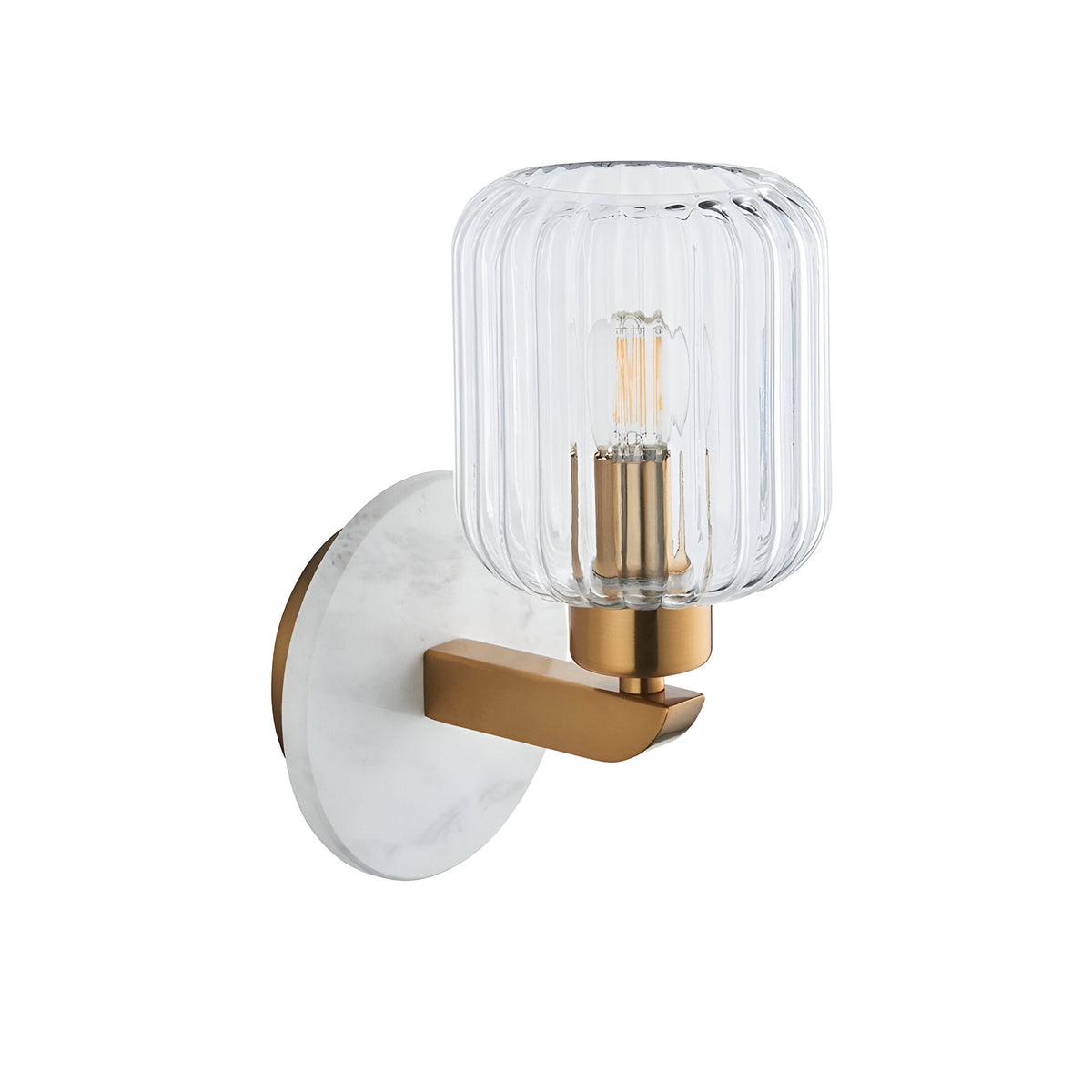 Cranton Wall Light in Brass & White with round marble backplate, brass arm and ribbed glass shade showing filament bulb, on plain background.