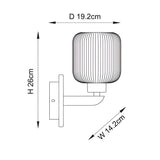 Cranton Wall Light dimension diagram showing E14 ribbed glass shade, brass arm and white backplate with height 26cm, depth 19.2cm, width 14.2cm.