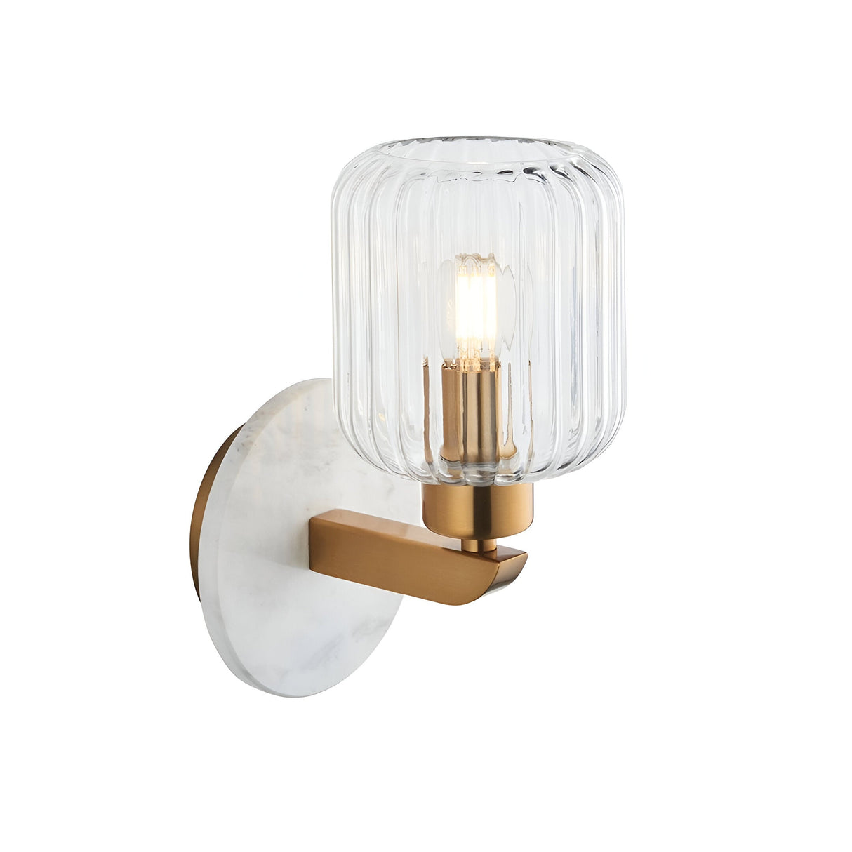Cranton Wall Light in brass and white marble with ribbed clear glass shade, curved brass arm, and round marble backplate.