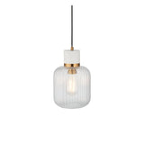Cranton Pendant Light with white stone top, brass collar, and ribbed clear glass shade, E27 bulb visible, on a black cord against a plain white background.