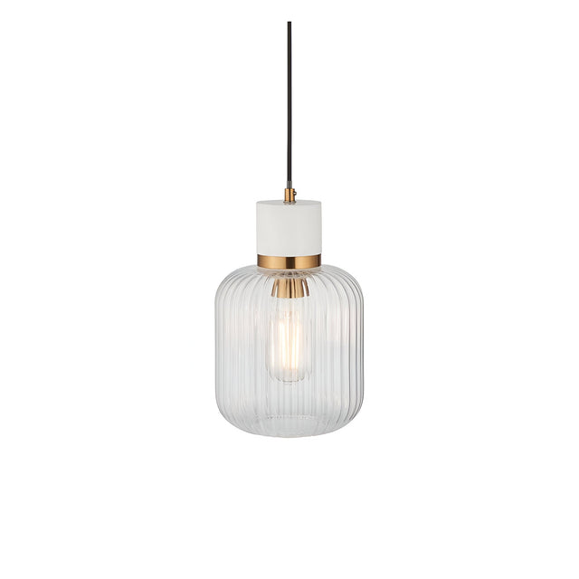 Cranton Pendant Light with white stone top, brass collar, and ribbed clear glass shade, E27 bulb visible, on a black cord against a plain white background.