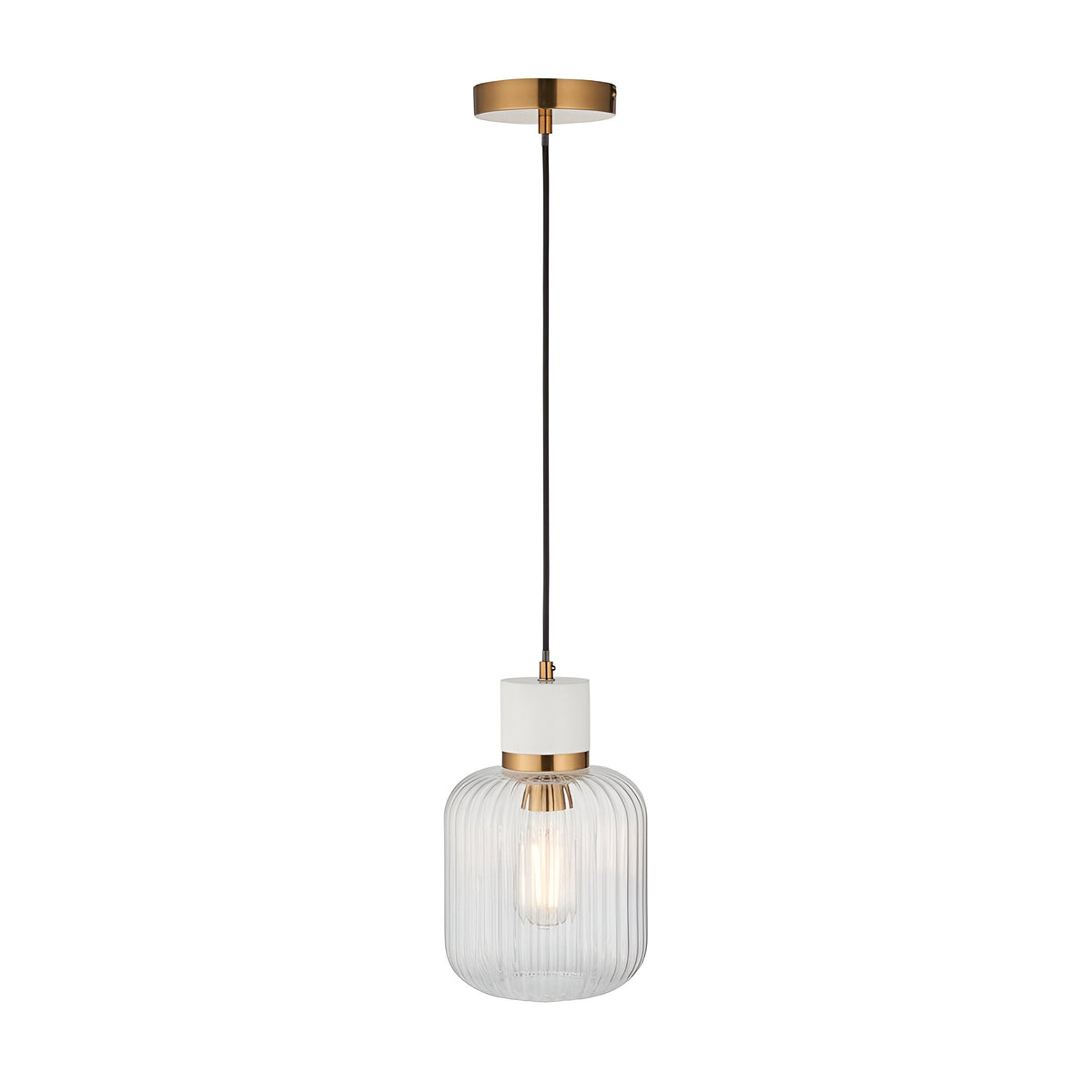 Cranton Pendant Light in brass and white with a round top, brass collar, and ribbed glass shade on a black cord, shown on white.