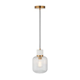 Cranton Pendant Light in brass and white with a round top, brass collar, and ribbed glass shade on a black cord, shown on white.