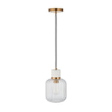Cranton Pendant Light in brass and white, single ribbed glass shade with marble top and brushed brass collar, black cord, on a white background.