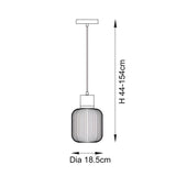 Technical line drawing of the Cranton Pendant Light with ribbed glass shade, brass collar, adjustable cord and ceiling plate, height 44-154cm, diameter 18.5cm.