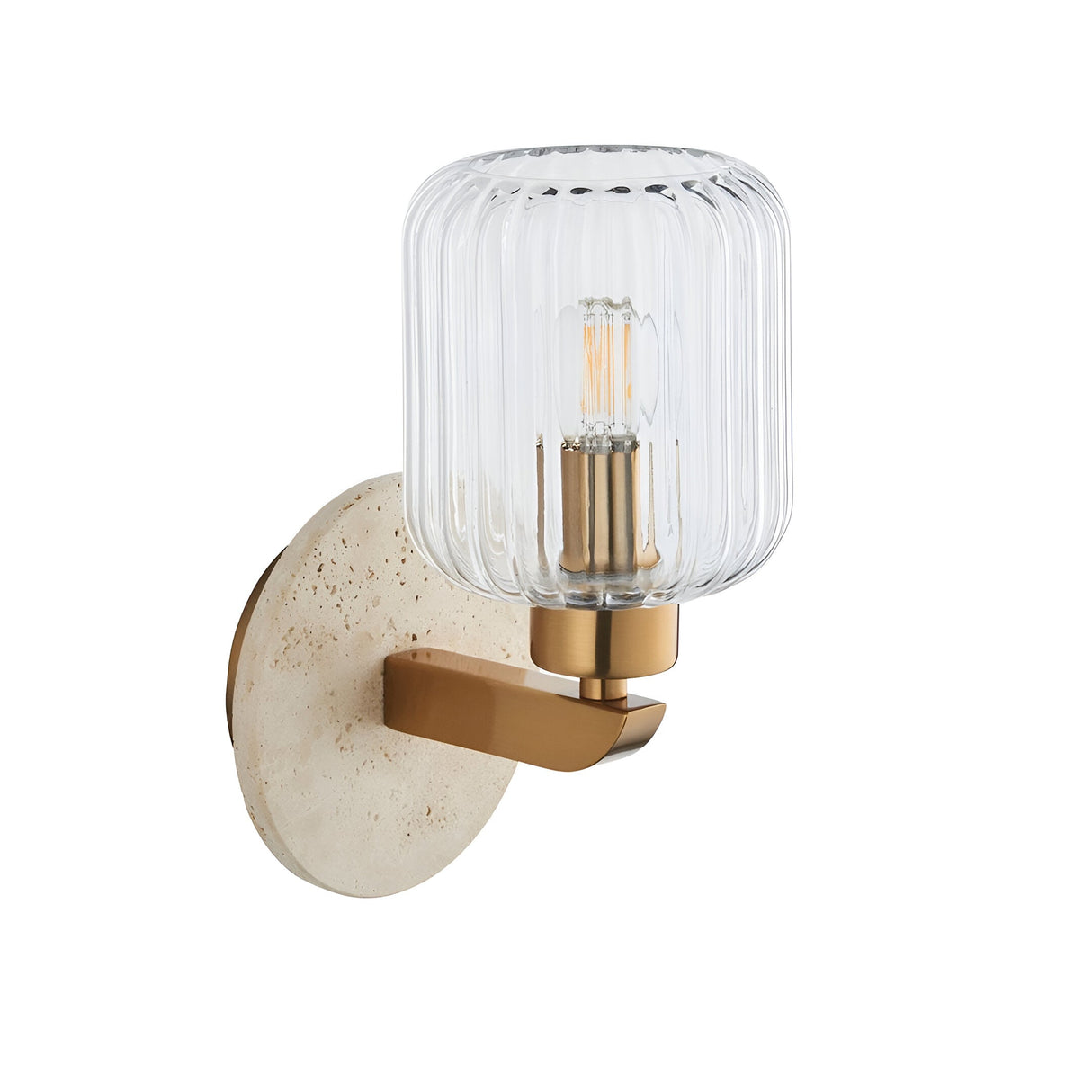 Cranton Wall Light in Brass & Natural with a round travertine backplate, brass arm, and ribbed clear glass shade showing a filament bulb.