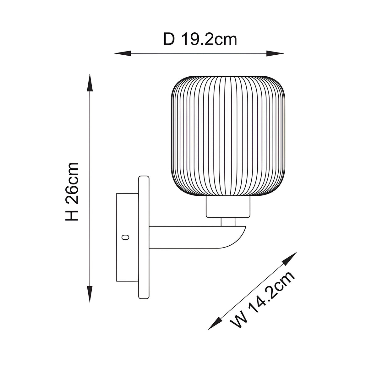 Cranton Wall Light dimension diagram showing brass arm, ribbed glass shade and backplate with H 26cm, D 19.2cm and W 14.2cm measurements.