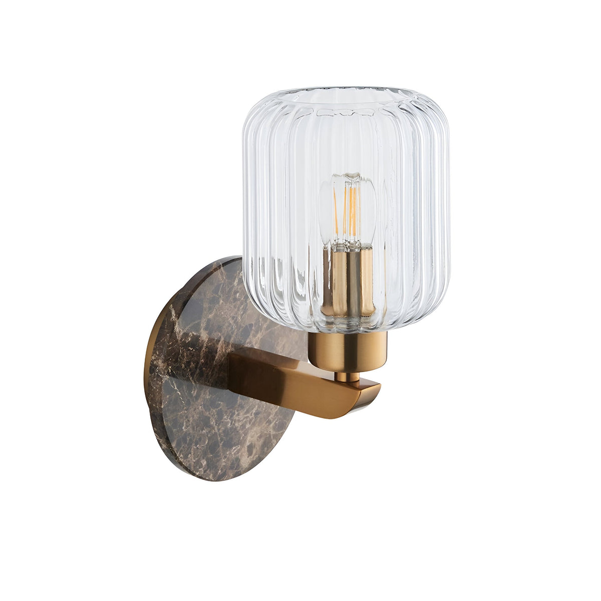 Cranton Wall Light in brass and brown, featuring a round Emperador marble backplate, brass arm, and ribbed clear glass shade, shown on a white background.