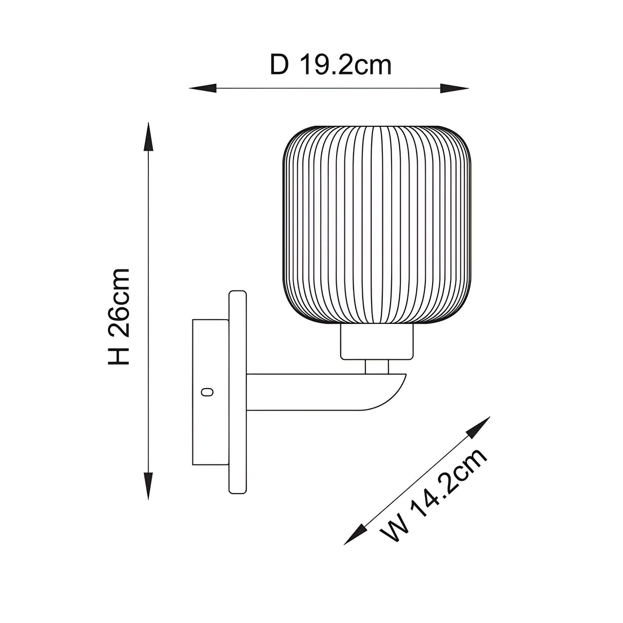 Cranton Wall Light dimension diagram showing brass arm and ribbed glass shade, H 26cm, D 19.2cm, W 14.2cm, on a plain white background.