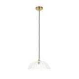 Endon Brackmont Carnation pendant light with a clear scalloped glass dome shade, brushed brass fitting and black braided cable, on a white background.