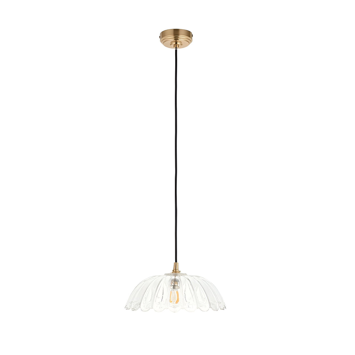 Endon Brackmont Carnation pendant light with a clear glass domed scalloped shade, brushed brass fitting and black braided cable, on a white background.