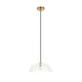 Endon Brackmont Carnation pendant light with a clear glass domed scalloped shade, brushed brass fitting and black braided cable, on a white background.