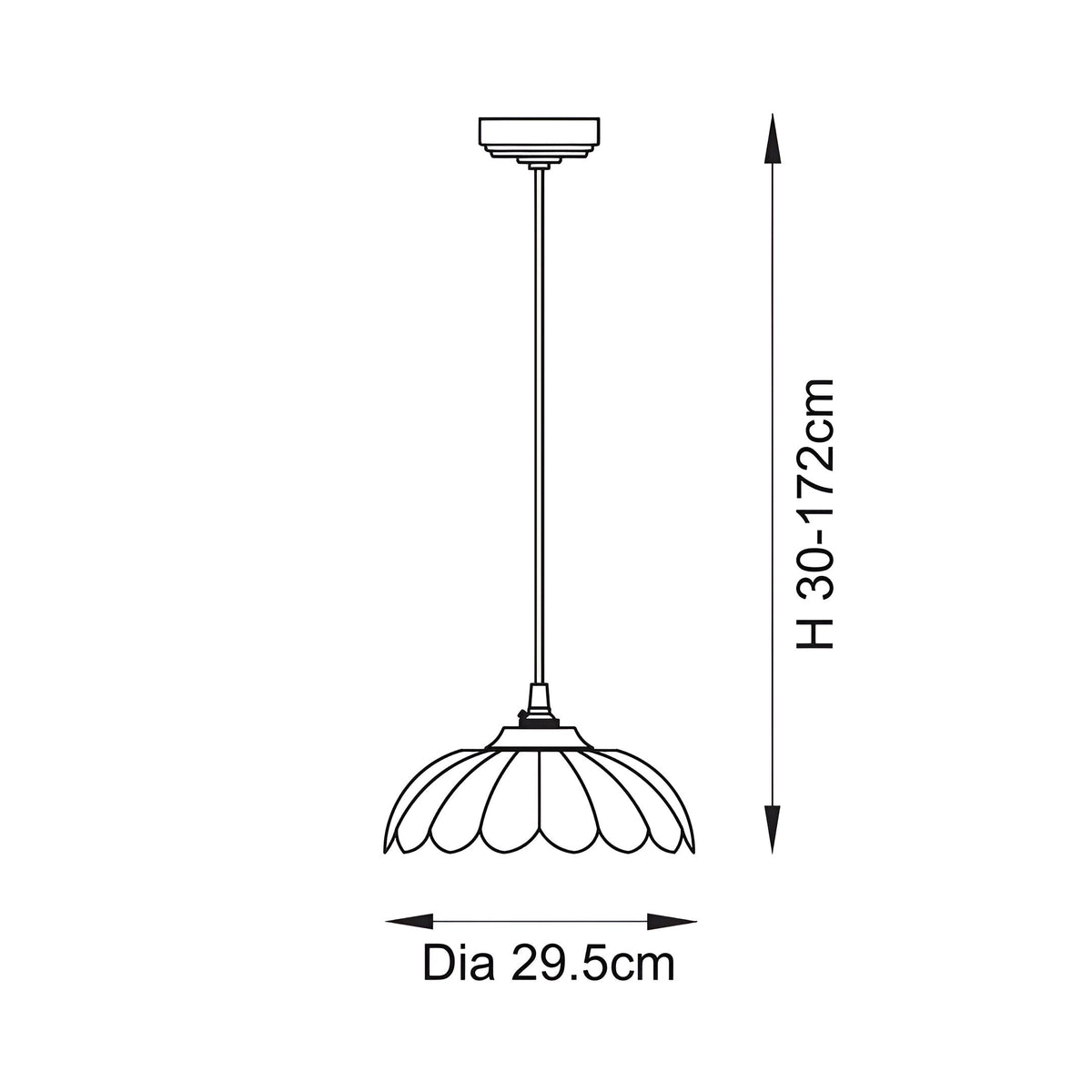 Dimension diagram of the Endon Brackmont Carnation pendant light showing a scalloped glass shade, 29.5cm diameter and adjustable 30-172cm height.