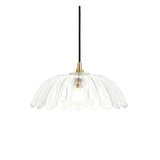 Endon Brackmont Carnation pendant light with a clear scalloped glass shade, brushed brass fitting and black braided cable, on a white background.