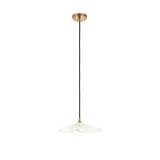 Brackmont Orchid Pendant with a scalloped clear glass shade and black braided cable on a brass ceiling rose, shown on a white background.
