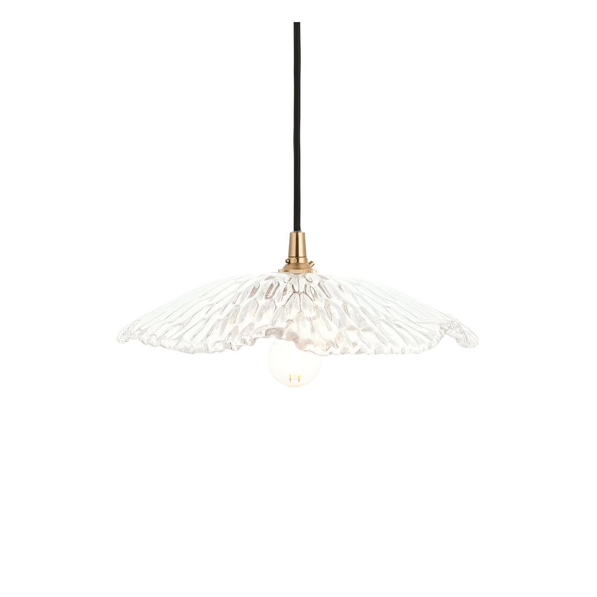 Brackmont Orchid Pendant with a rippled clear glass shade and brass fitting on a black cable, shown against a plain white background.