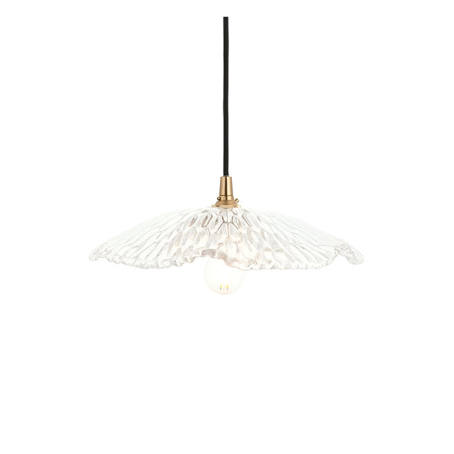 Brackmont Orchid Pendant with a rippled clear glass shade and brass fitting on a black cable, shown against a plain white background.