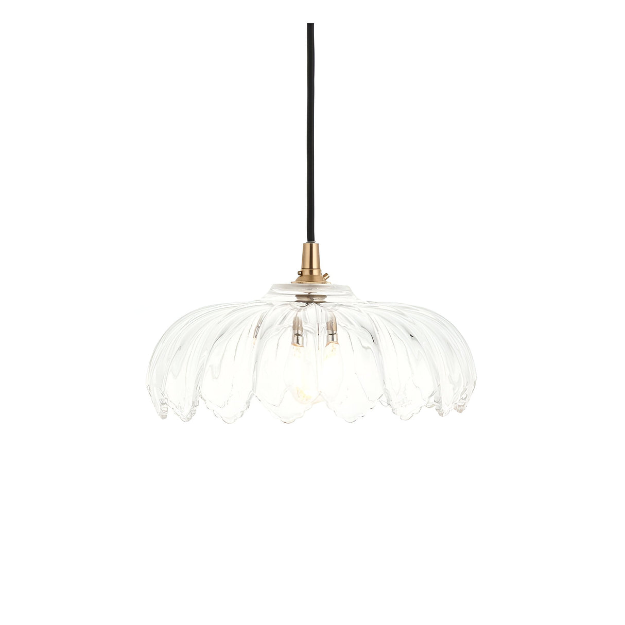 Brackmont Camellia Pendant with a scalloped clear glass shade and brushed brass fitting on a black fabric cable, shown on a white background.