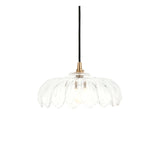 Brackmont Camellia Pendant with a scalloped clear glass shade and brushed brass fitting on a black fabric cable, shown on a white background.
