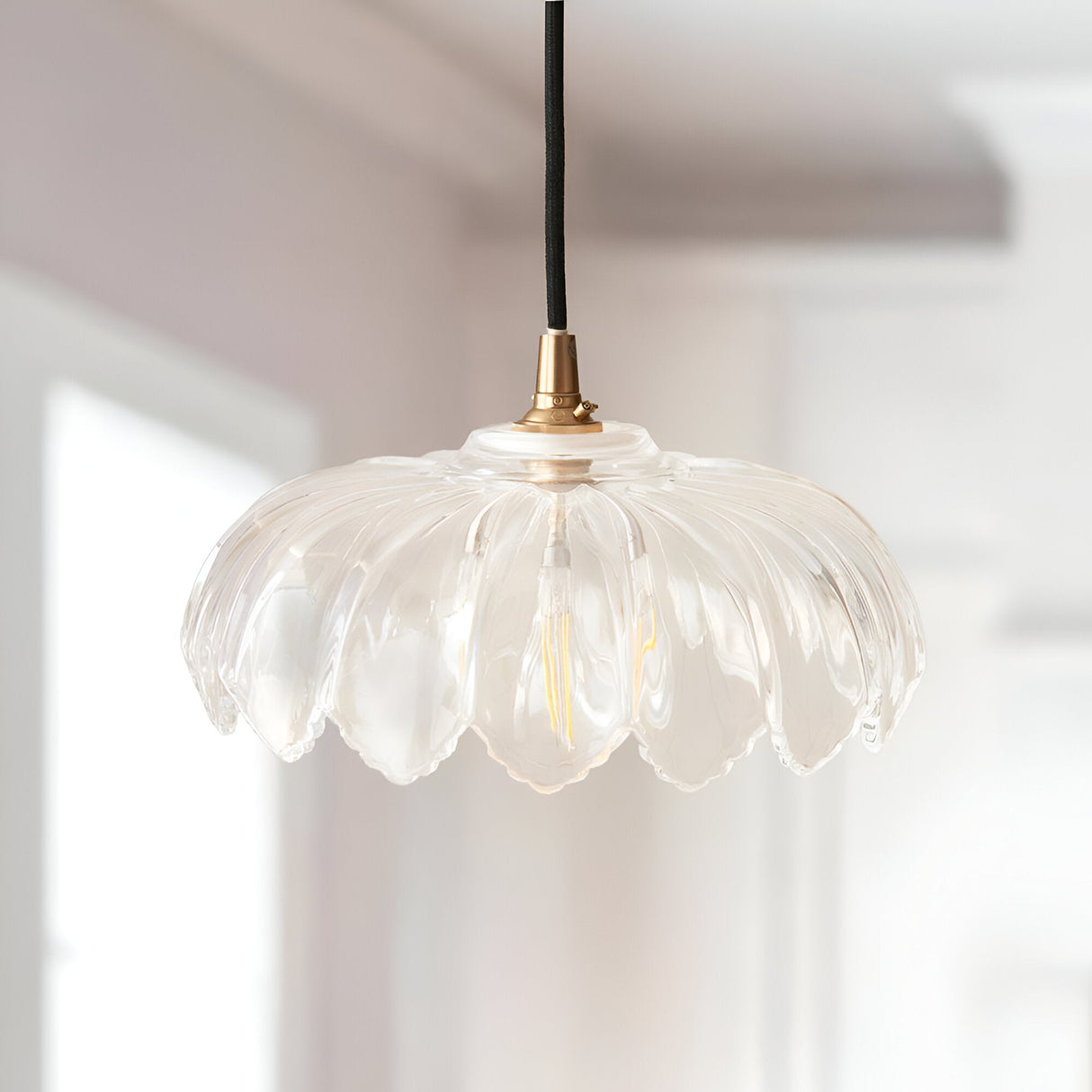 Brackmont Camellia Pendant with scalloped clear glass shade and brushed brass fitting on black cable, hung indoors above a light interior.