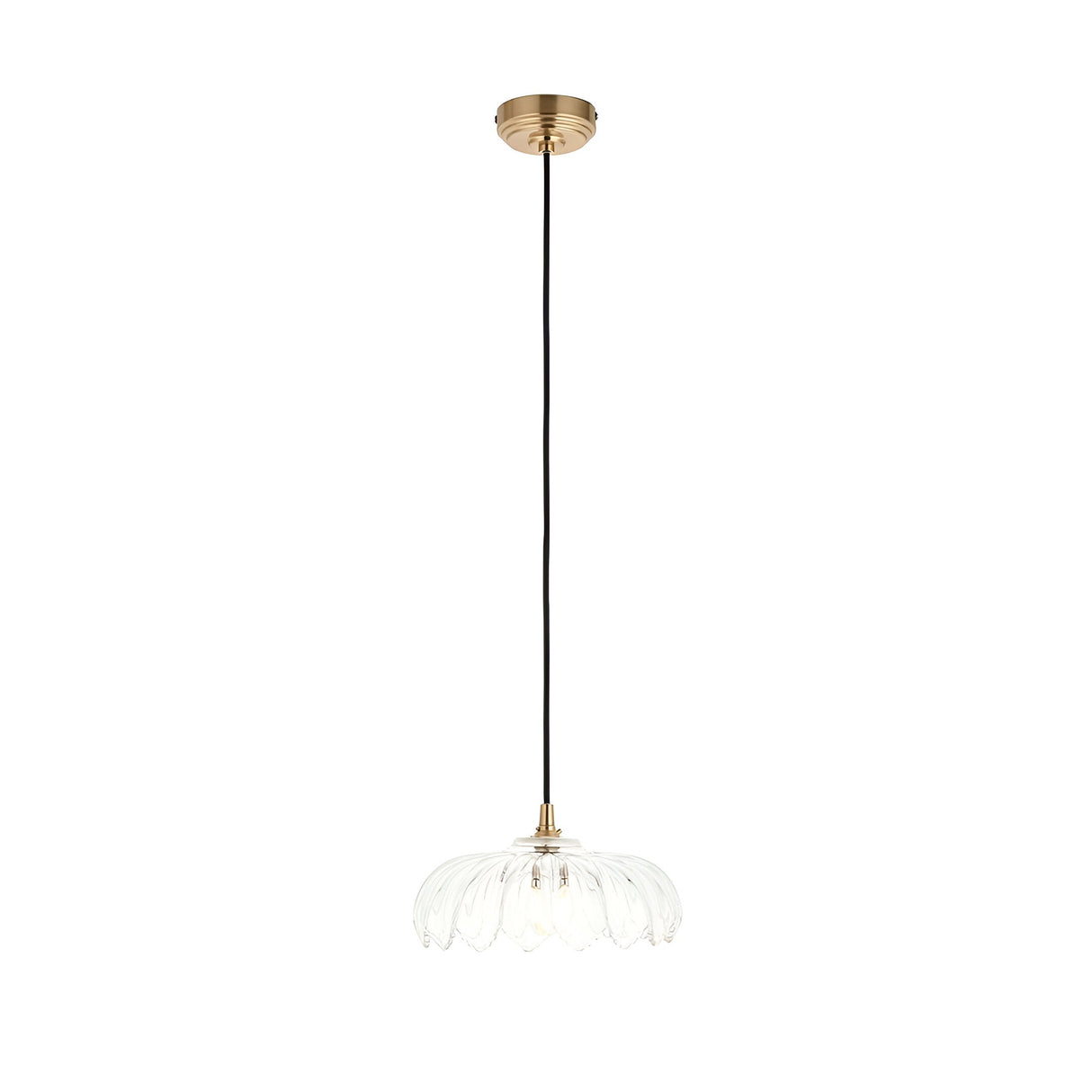Brackmont Camellia Pendant with a scalloped clear glass shade on a brushed brass ceiling fitting and black braided cable, shown on a plain white background.