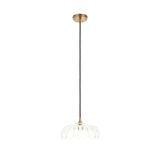 Brackmont Camellia Pendant with a scalloped clear glass shade on a brushed brass ceiling fitting and black braided cable, shown on a plain white background.