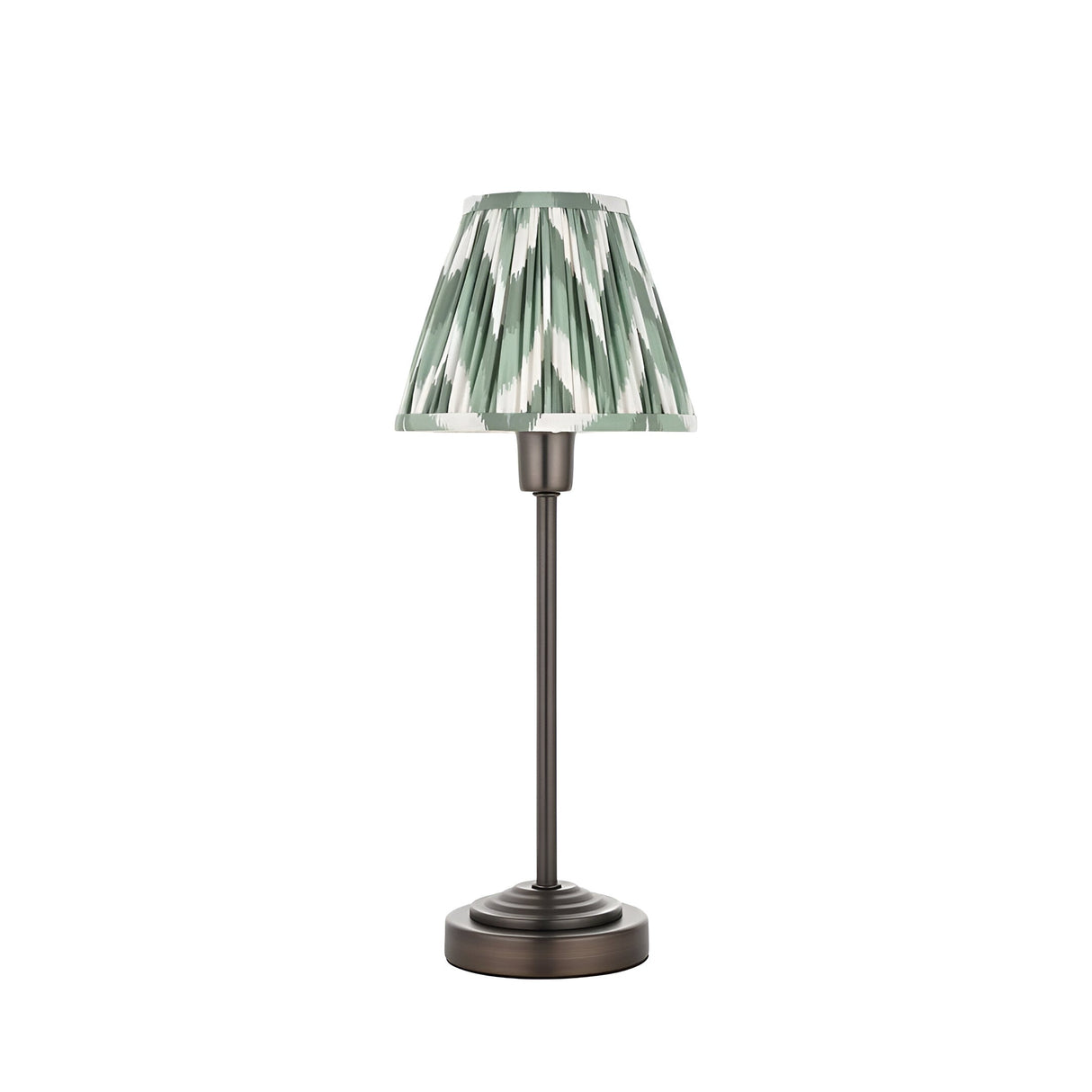 Endon Cliffbourne Zigzag table lamp with slim antique bronze stepped base and tapered pleated green and white patterned faux silk shade.