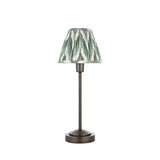 Endon Cliffbourne Zigzag table lamp with slim antique bronze stepped base and tapered pleated green and white patterned faux silk shade.
