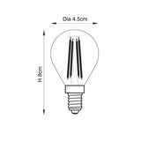 Dimensioned diagram of the Endon 4W E14 LED filament golf bulb showing 4.5cm diameter and 8cm height with visible filaments and small Edison screw cap.