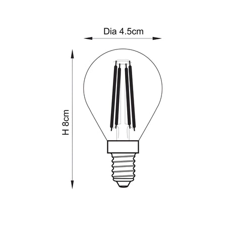 Dimensioned diagram of the Endon 4W E14 LED filament golf bulb showing 4.5cm diameter and 8cm height with visible filaments and small Edison screw cap.