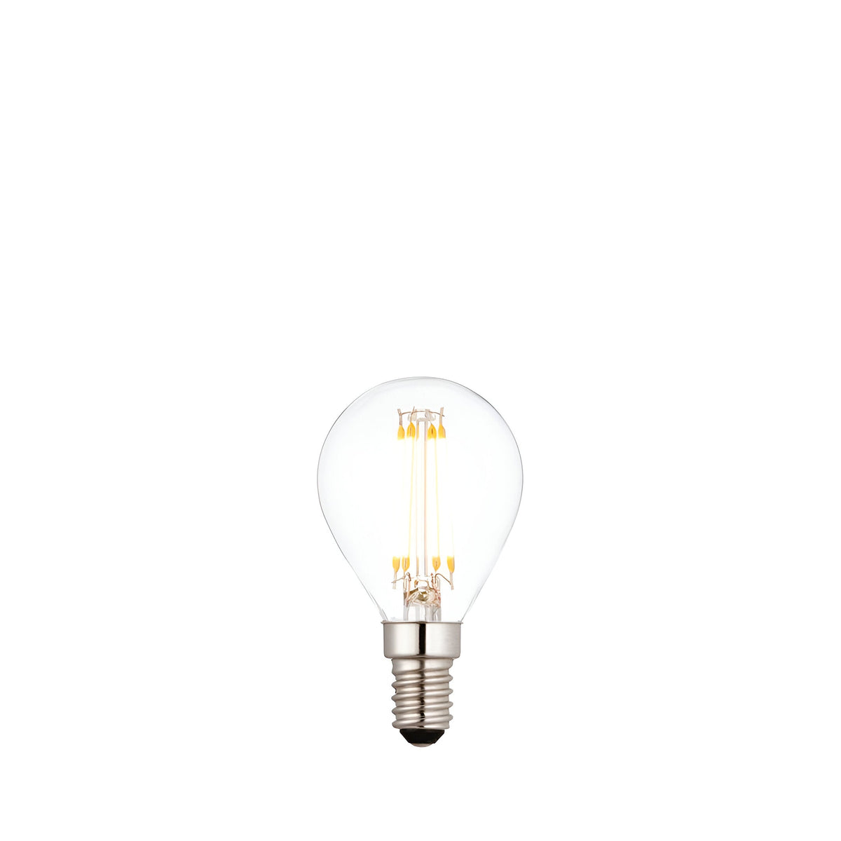 Endon 4W E14 LED filament golf bulb with clear round glass, visible warm white filaments and silver screw cap on a plain white background.