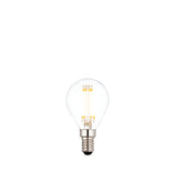 Endon 4W E14 LED filament golf bulb with clear round glass, visible warm white filaments and silver screw cap on a plain white background.