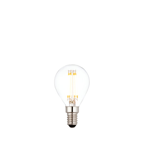 Endon 4W E14 LED filament golf bulb with clear round glass, visible warm white filaments and silver screw cap on a plain white background.
