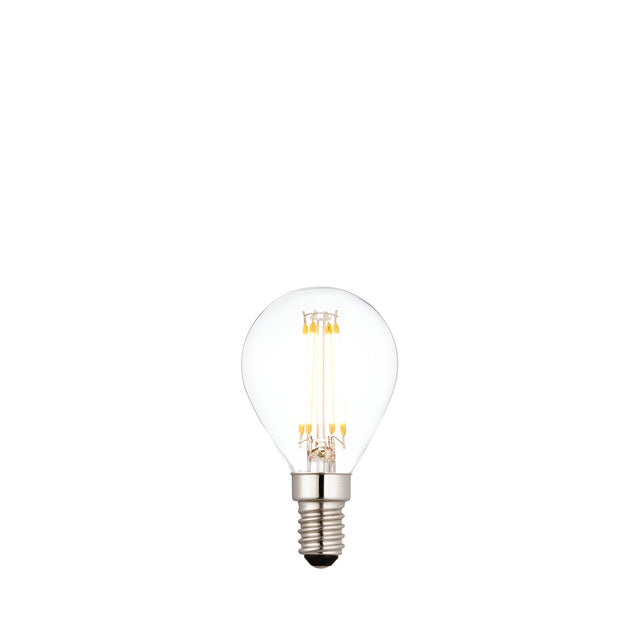 Endon 4W E14 LED filament golf bulb with clear round glass, visible warm white filaments and silver screw cap on a plain white background.