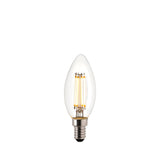 Endon 4W E14 LED filament candle bulb with clear tapered glass, warm white filaments and silver screw cap, shown on a plain white background.