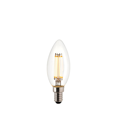 Endon 4W E14 LED filament candle bulb with clear tapered glass, warm white filaments and silver screw cap, shown on a plain white background.