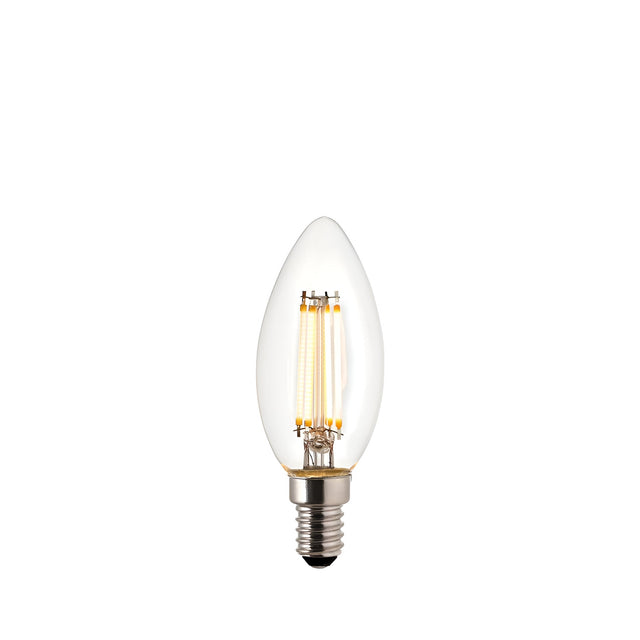 Endon 4W E14 LED filament candle bulb with clear tapered glass, warm white filaments and silver screw cap, shown on a plain white background.