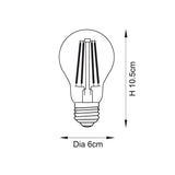 Endon 6W E27 LED filament GLS bulb technical diagram showing 10.5cm height and 6cm diameter with visible filaments and Edison screw cap.