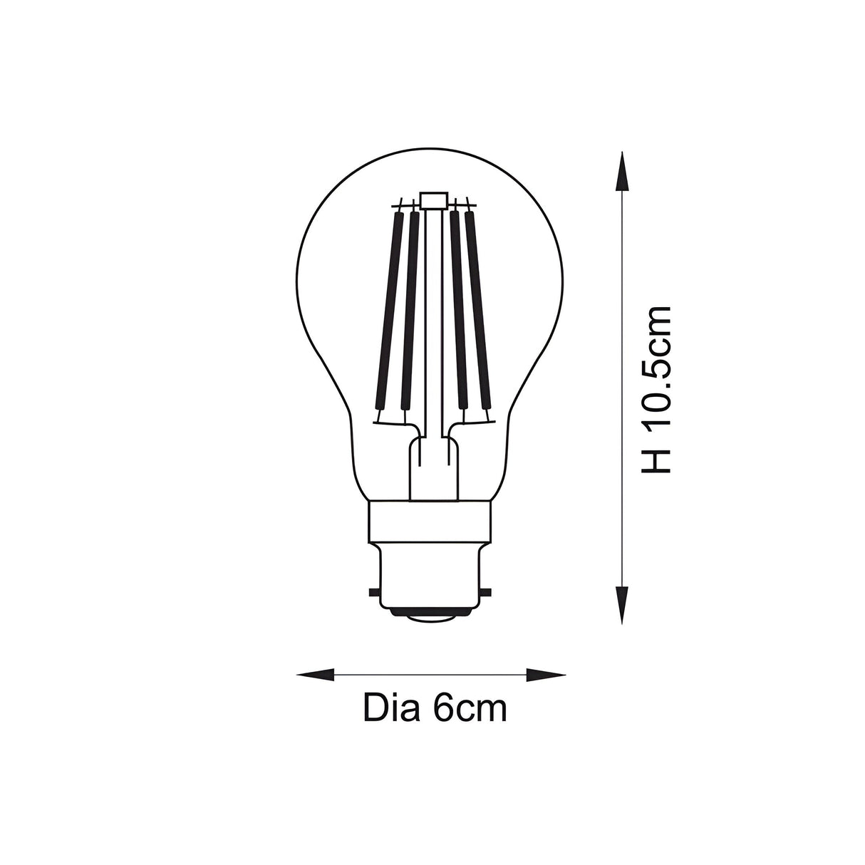 Dimensioned line drawing of the Endon 6W B22 LED filament GLS bulb showing 10.5cm height and 6cm diameter on a plain white background.