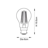 Dimensioned line drawing of the Endon 6W B22 LED filament GLS bulb showing 10.5cm height and 6cm diameter on a plain white background.