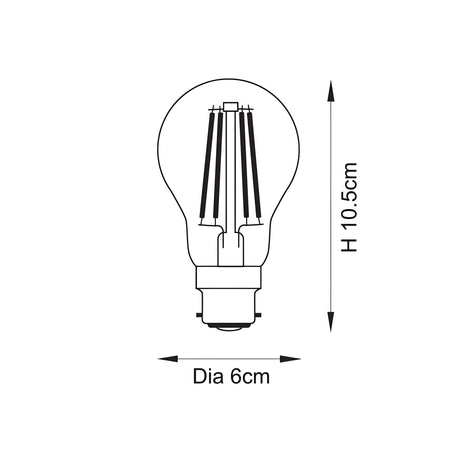 Dimensioned line drawing of the Endon 6W B22 LED filament GLS bulb showing 10.5cm height and 6cm diameter on a plain white background.