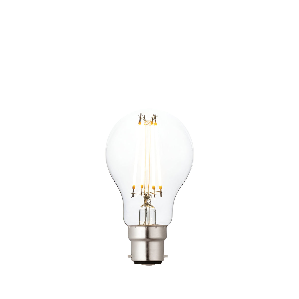 Endon 6W B22 LED filament GLS bulb with clear glass, visible warm white filaments and silver bayonet cap on a plain white background.