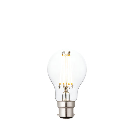 Endon 6W B22 LED filament GLS bulb with clear glass, visible warm white filaments and silver bayonet cap on a plain white background.