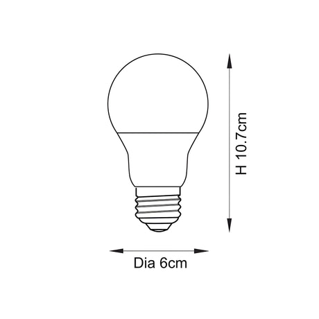 Dimensioned line drawing of the Endon 8W E27 LED GLS bulb showing 10.7cm height and 6cm diameter with Edison screw cap.