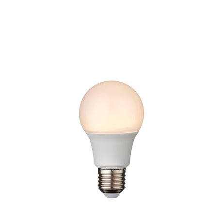 Endon 8W E27 LED GLS bulb with opal polycarbonate finish glowing warm white, shown on a plain white background.