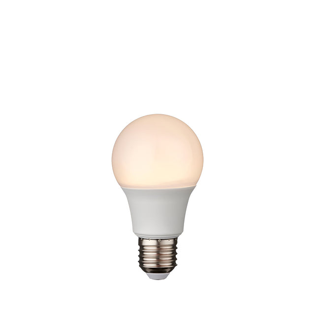 Endon 8W E27 LED GLS bulb with opal polycarbonate finish glowing warm white, shown on a plain white background.