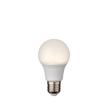 Endon 8W E27 LED GLS bulb with classic rounded opal polycarbonate shape and Edison screw cap, shown against a plain white background.