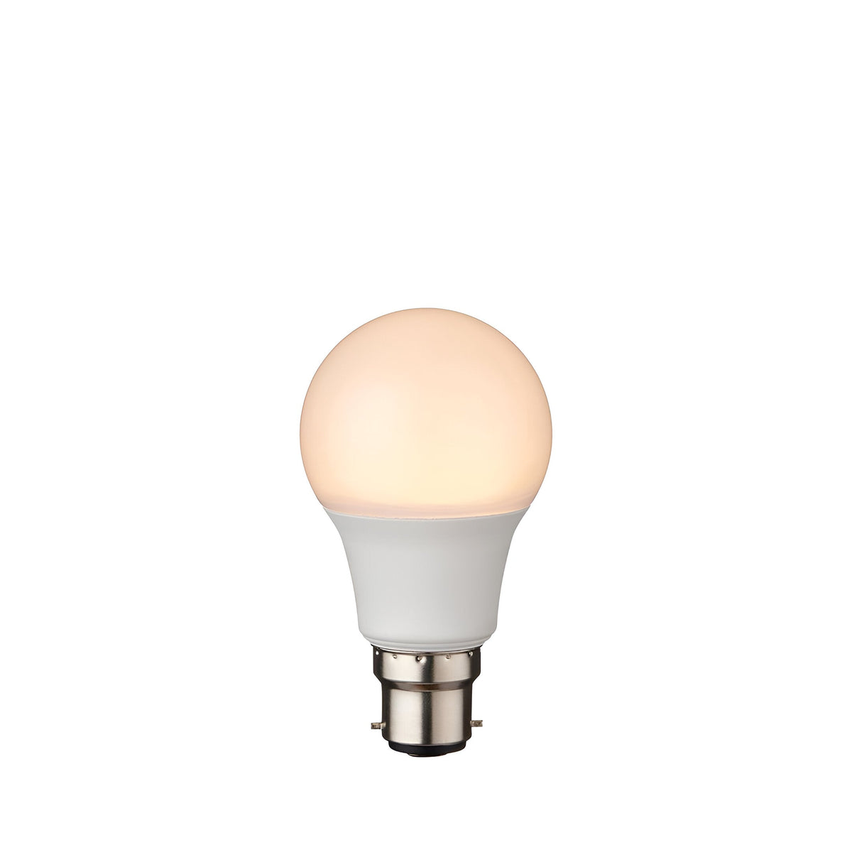 Endon 8W B22 LED GLS bulb illuminated with warm white light, showing opal polycarbonate dome and bayonet cap on a plain white background.