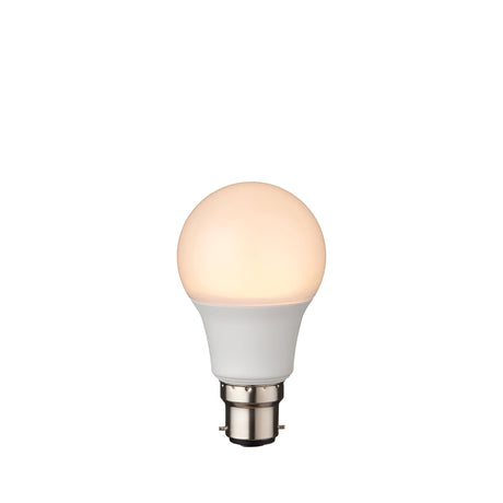 Endon 8W B22 LED GLS bulb illuminated with warm white light, showing opal polycarbonate dome and bayonet cap on a plain white background.