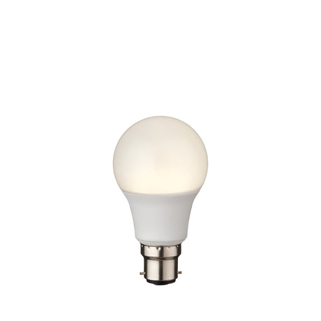 Endon 8W B22 LED GLS bulb with opal polycarbonate finish and bayonet cap, shown lit against a plain white background.